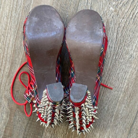 Jeffrey Campbell Lita Rare Red Plaid Lace-up Platform Ankle Boot w Spike Studs - Picture 7 of 8
